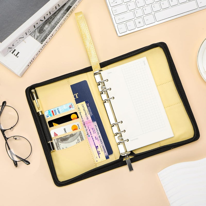 Toplive A6 Budget Binder with Zipper, 6 Ring Refillable Planner Binder Cover for A6 Cash Budget System, PU Leather Personal Organizer Personal Wallet Binder, Glitter Gold - Image 2